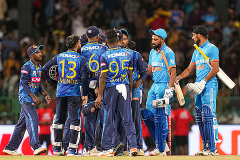 Sri Lanka's players celebrates the wicket of Arshdeep Singh
